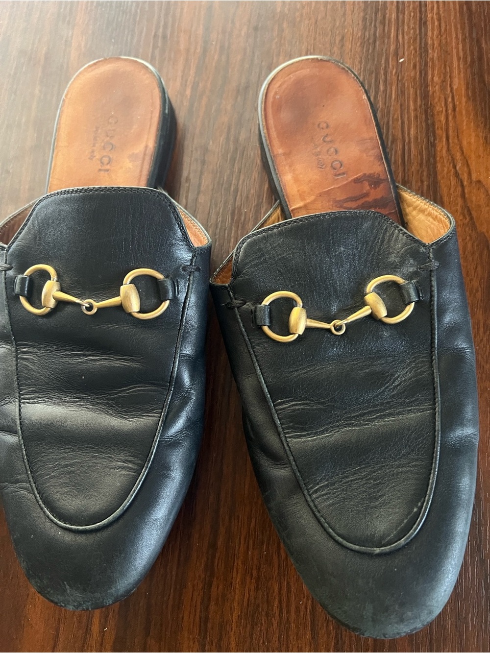 Gucci Black Leather Horsebit Mules with Gold Hardware
